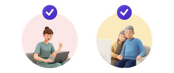 노트북을 보는 1인 가구와 소파에 앉은 동거 부부 일러스트