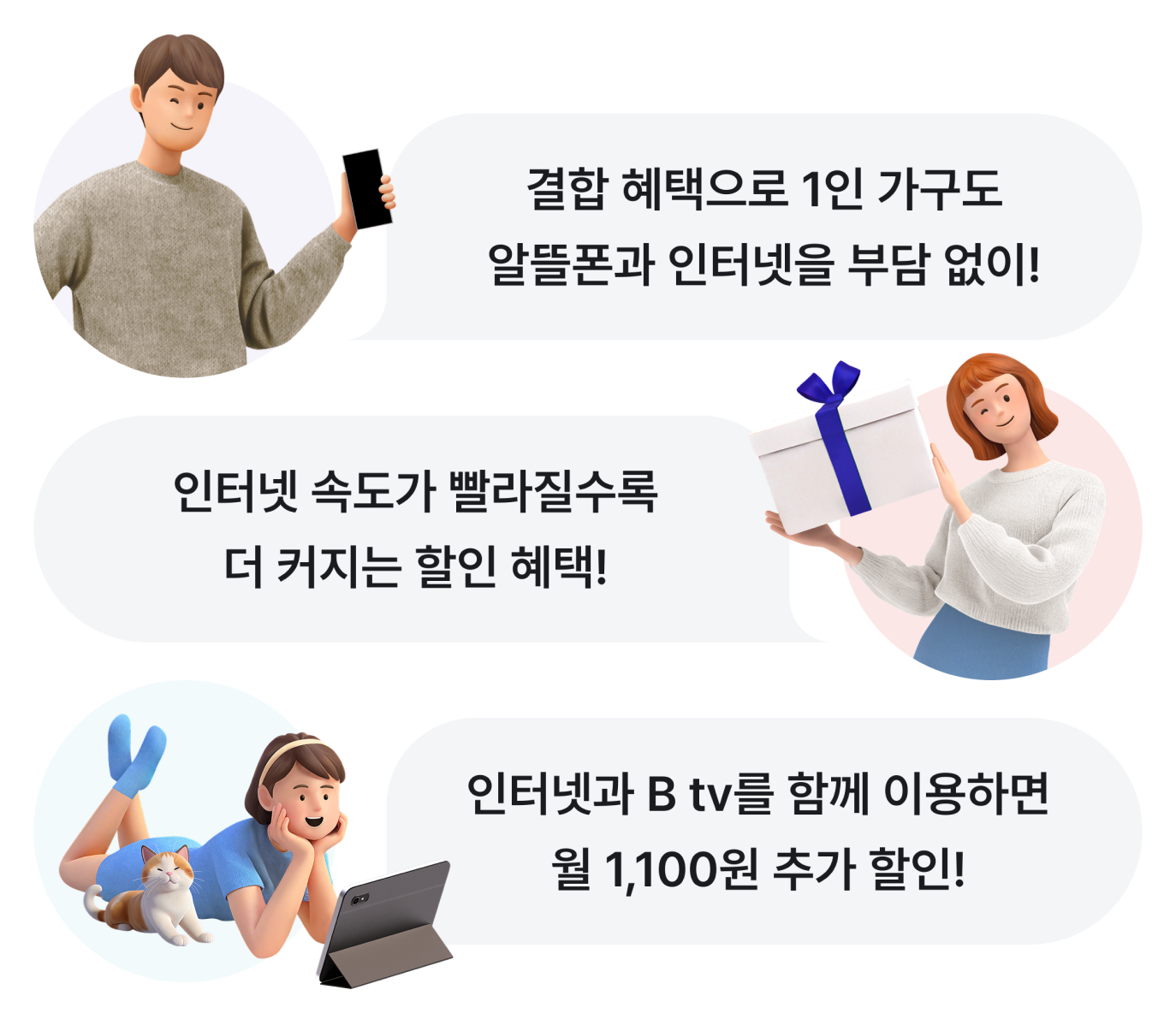 결합 혜택으로 1인 가구도 알뜰폰과 인터넷을 부담 없이! 인터넷 속도가 빨라질수록 더 커지는 할인 혜택! 인터넷과 B tv를 함께 이용하면 월 1,100원 추가 할인!